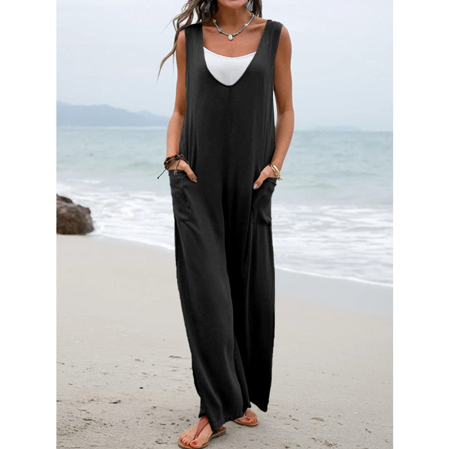 Full Size Wide Strap Jumpsuit with Pockets Black / S Apparel and Accessories