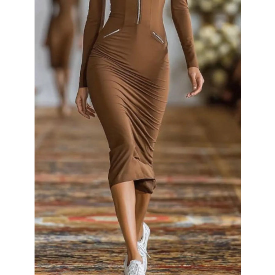 Full Size Zip-Front Bodycon Midi Dress Plus Apparel and Accessories