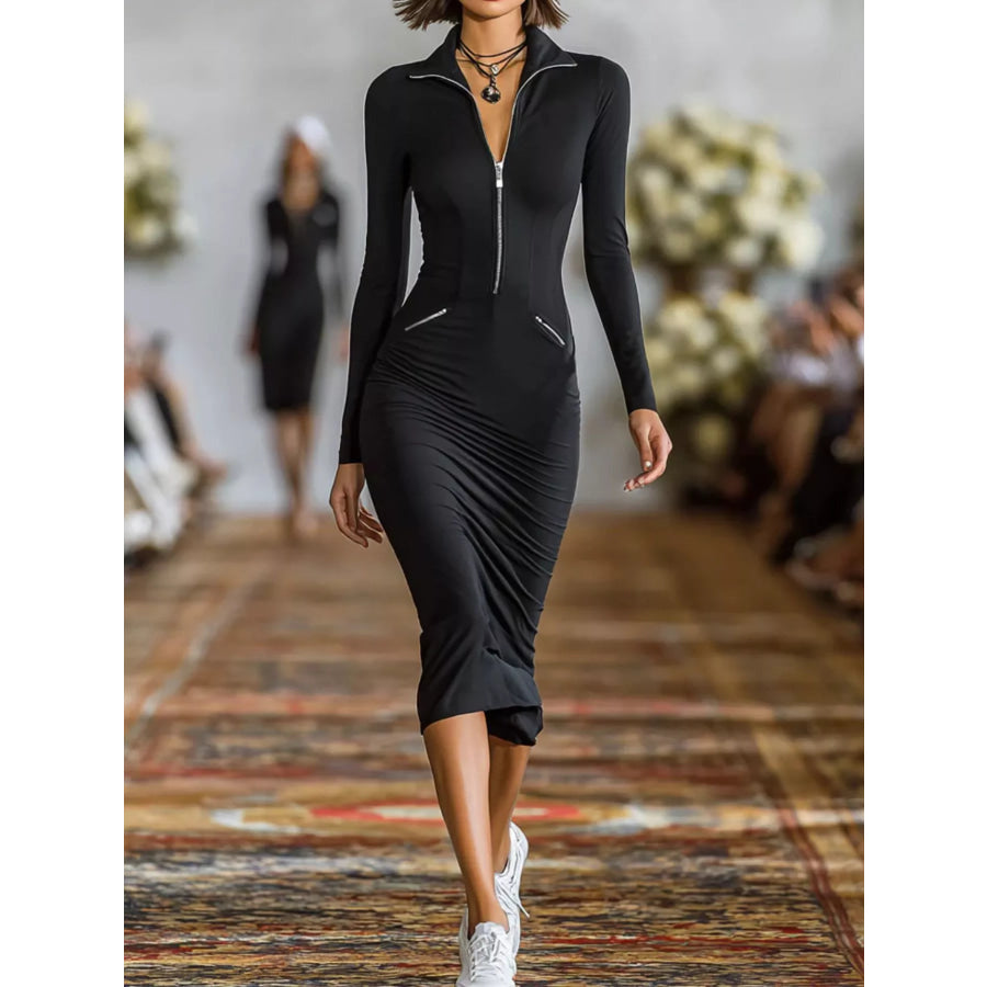 Full Size Zip-Front Bodycon Midi Dress Plus Black / S Apparel and Accessories