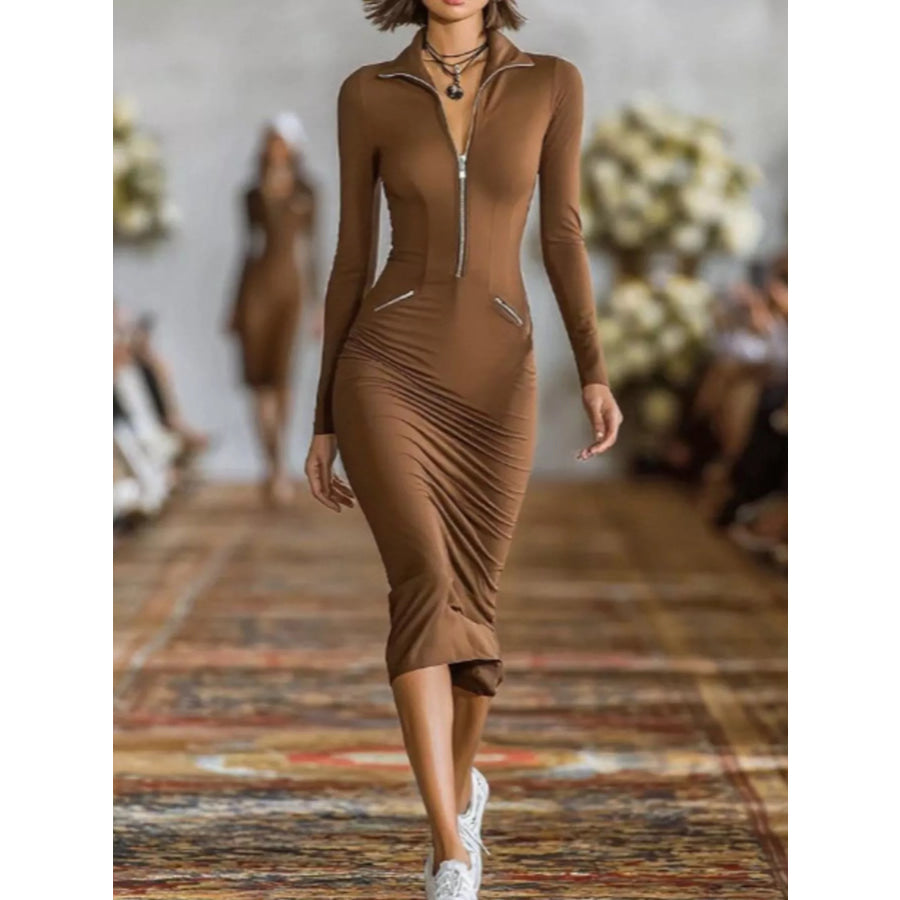 Full Size Zip-Front Bodycon Midi Dress Plus Dark Brown / S Apparel and Accessories