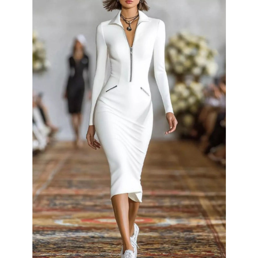 Full Size Zip-Front Bodycon Midi Dress Plus White / S Apparel and Accessories