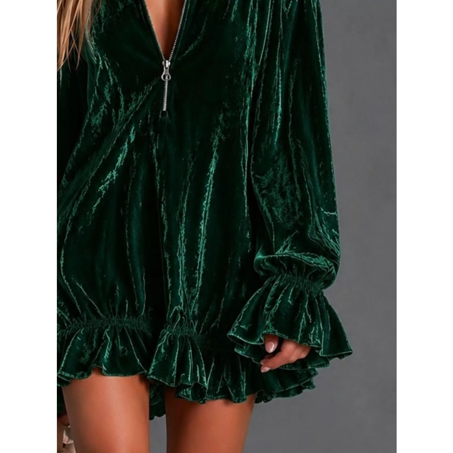 Full Size Zip-Front Ruffle Hem Mini Dress Plus Size Apparel and Accessories