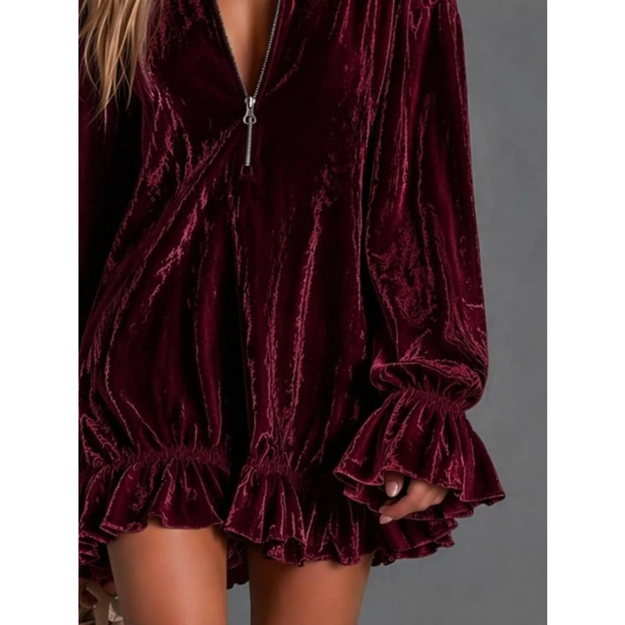 Full Size Zip-Front Ruffle Hem Mini Dress Plus Size Apparel and Accessories