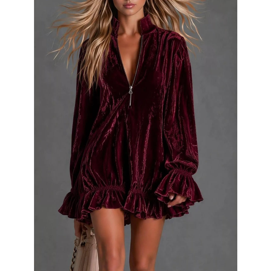 Full Size Zip-Front Ruffle Hem Mini Dress Plus Size Burgundy / S Apparel and Accessories