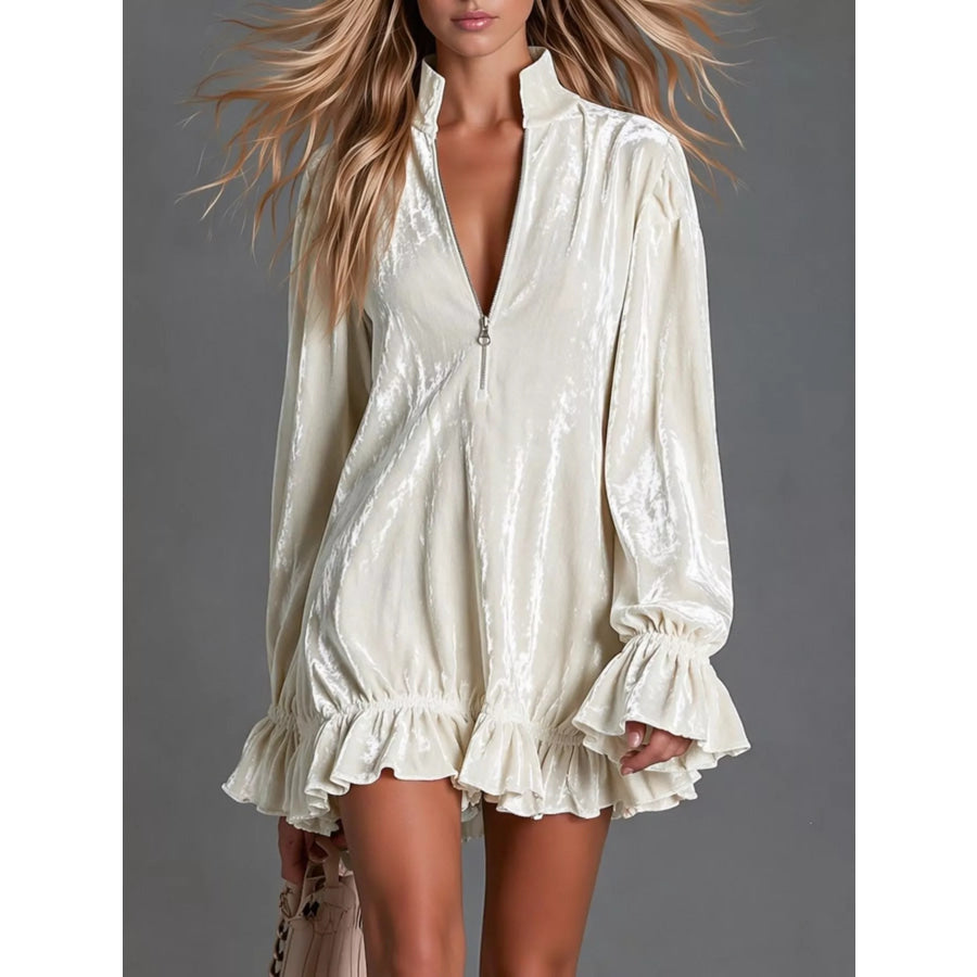 Full Size Zip-Front Ruffle Hem Mini Dress Plus Size White / S Apparel and Accessories