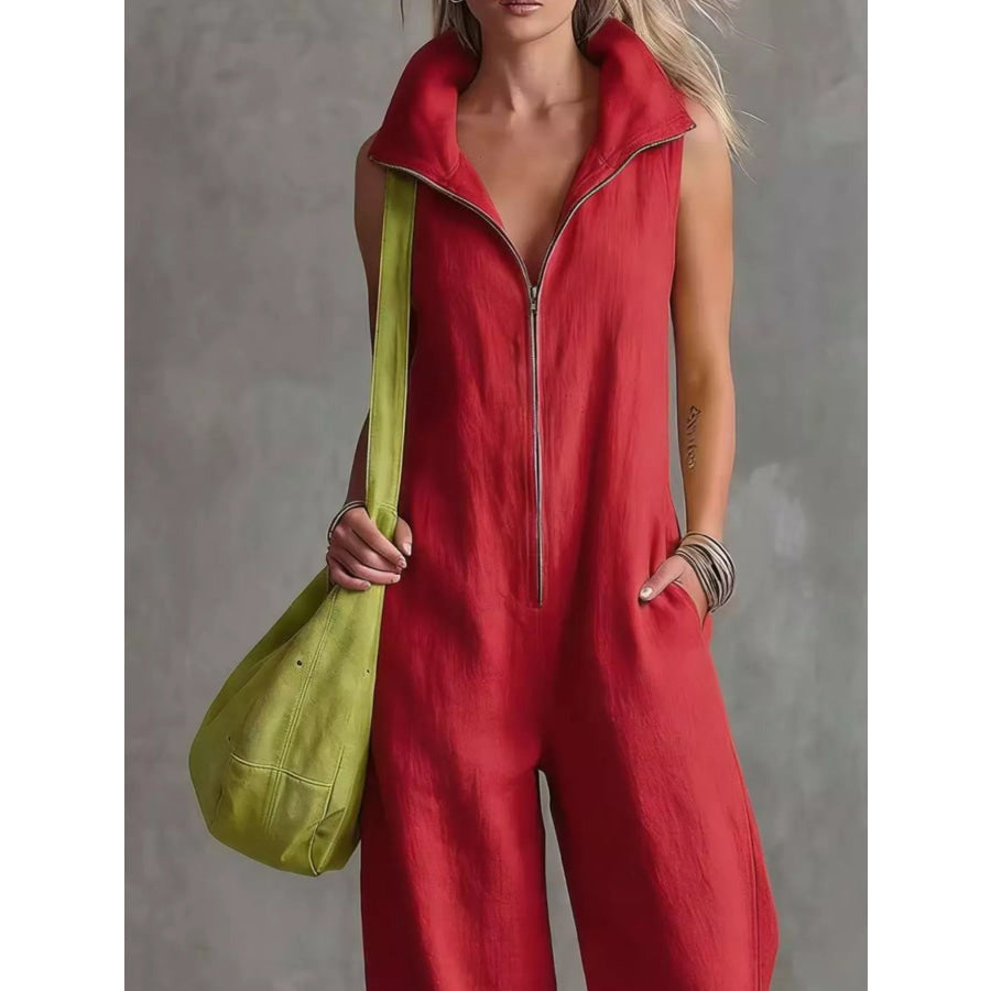 Full Size Zip Front Sleeveless Jumpsuit Plus Size Apparel and Accessories
