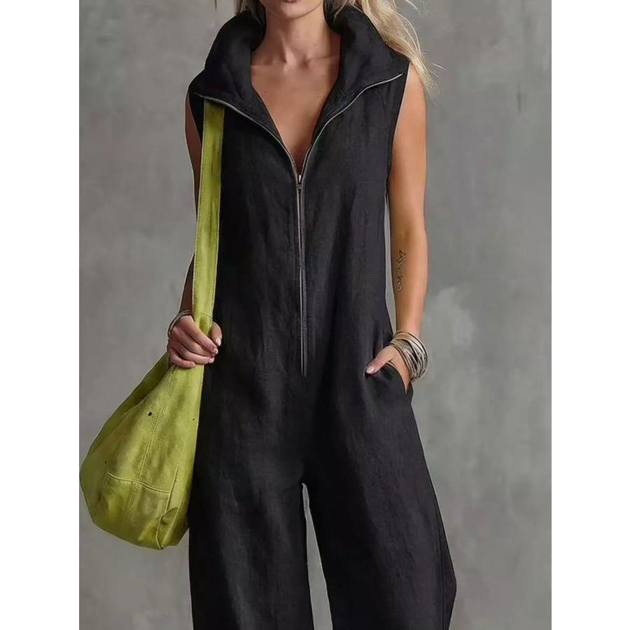 Full Size Zip Front Sleeveless Jumpsuit Plus Size Apparel and Accessories