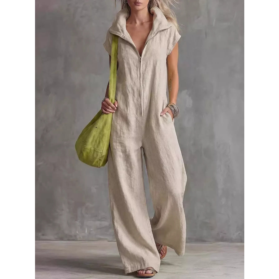 Full Size Zip Front Sleeveless Jumpsuit Plus Size Apricot / S Apparel and Accessories
