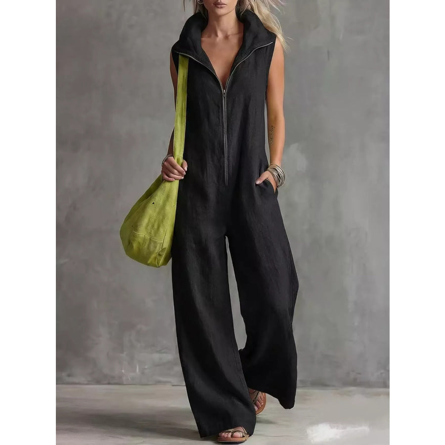 Full Size Zip Front Sleeveless Jumpsuit Plus Size Black / S Apparel and Accessories