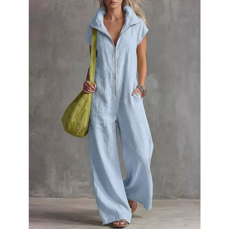 Full Size Zip Front Sleeveless Jumpsuit Plus Size Light Blue / S Apparel and Accessories