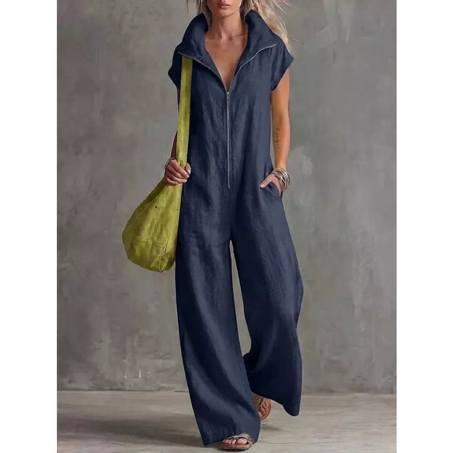 Full Size Zip Front Sleeveless Jumpsuit Plus Size Navy Blue / S Apparel and Accessories