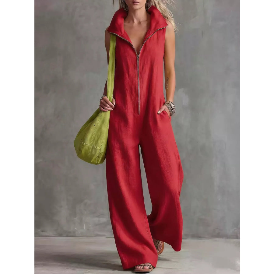Full Size Zip Front Sleeveless Jumpsuit Plus Size Red / S Apparel and Accessories
