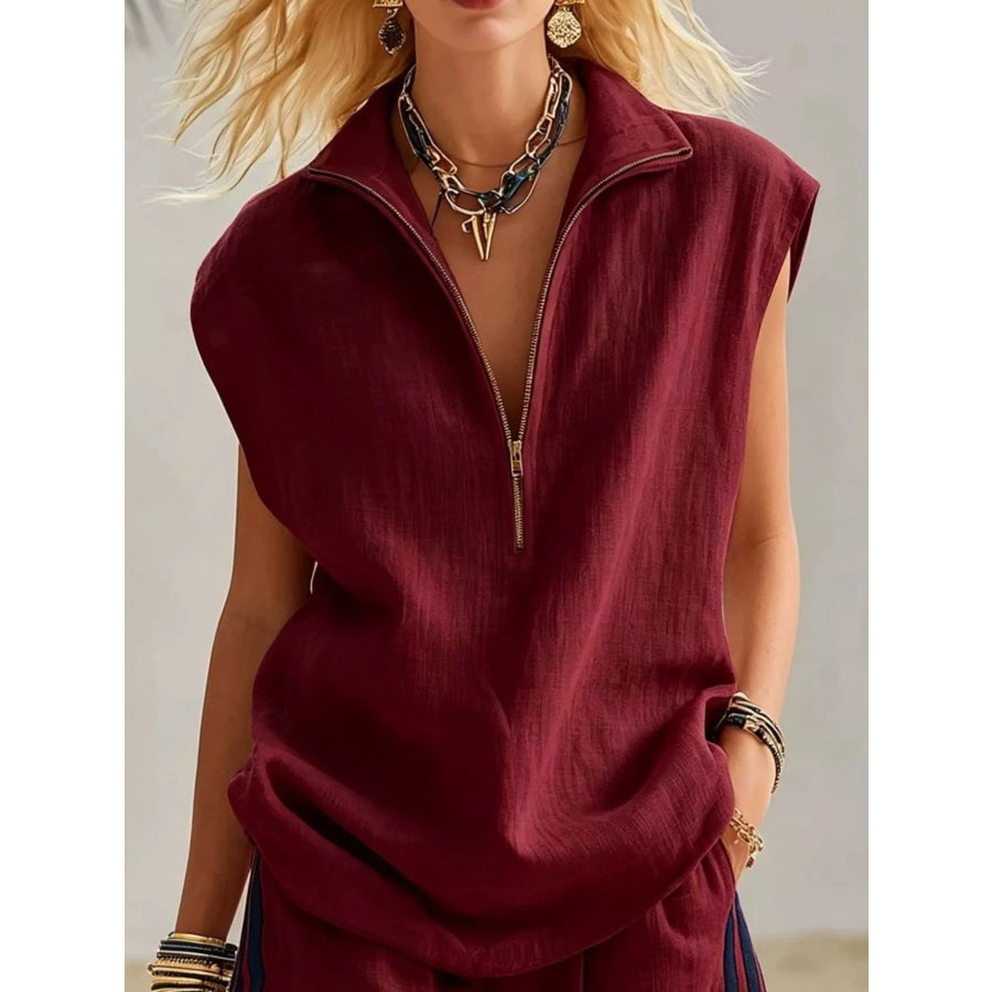 Full Size Zip Front Sleeveless Top and Striped Shorts Set Plus Size Apparel and Accessories