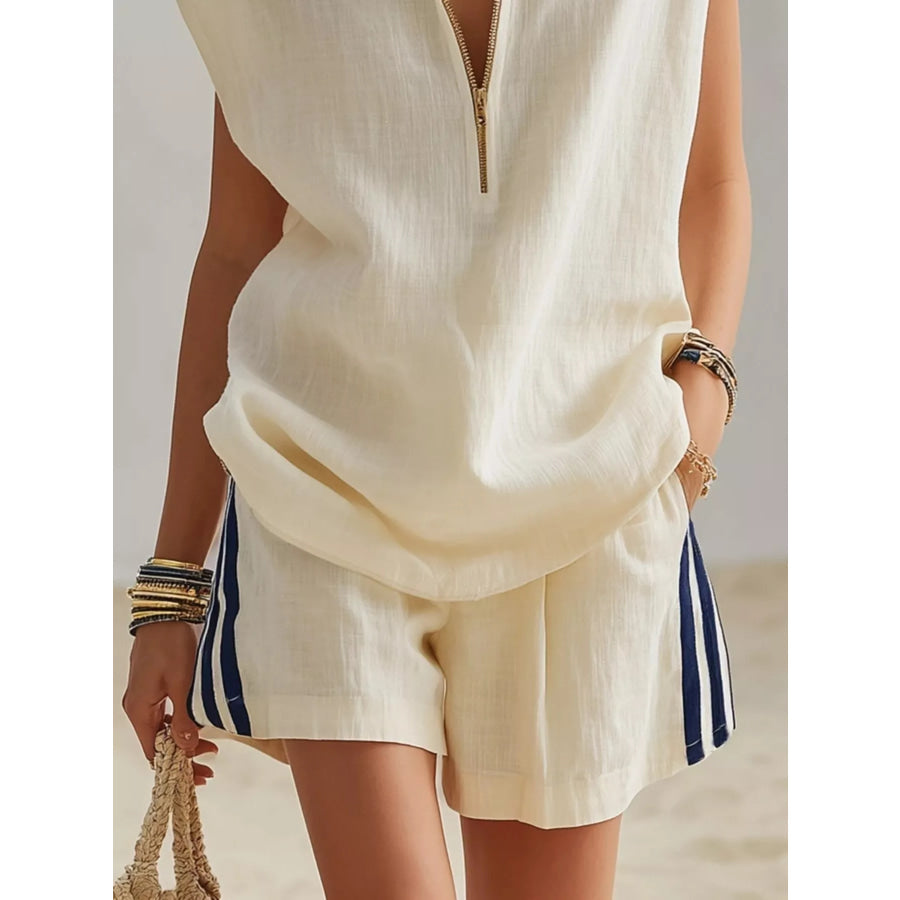 Full Size Zip Front Sleeveless Top and Striped Shorts Set Plus Size Apparel and Accessories