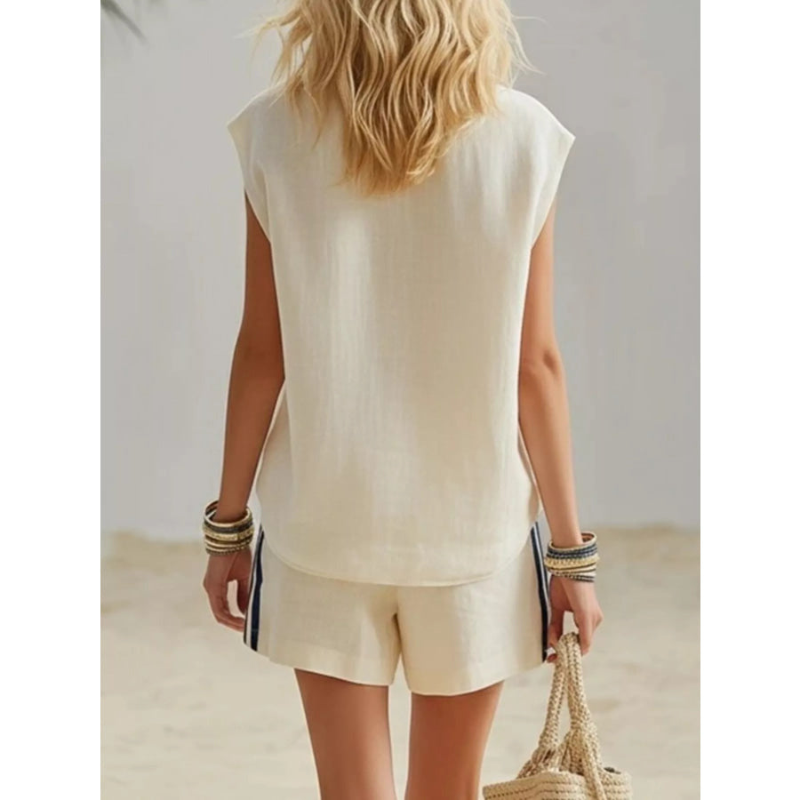 Full Size Zip Front Sleeveless Top and Striped Shorts Set Plus Size Apparel and Accessories