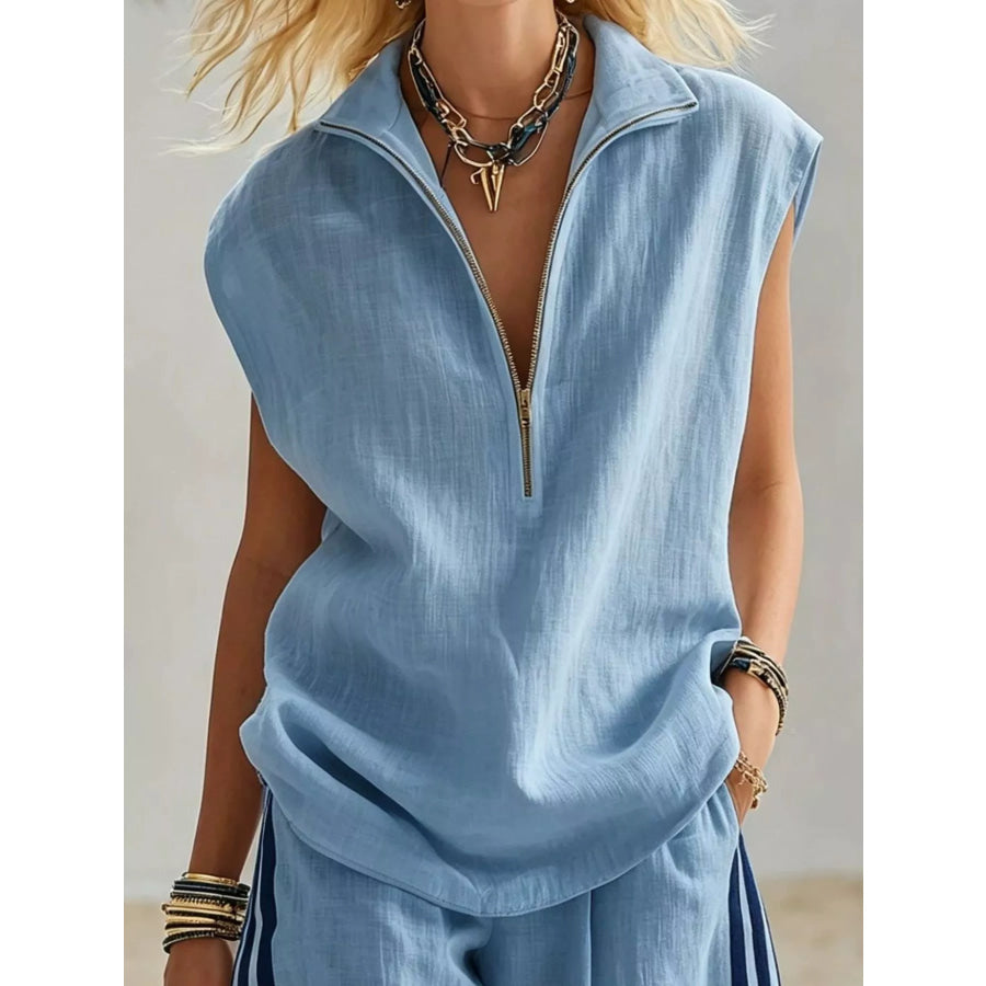 Full Size Zip Front Sleeveless Top and Striped Shorts Set Plus Size Apparel and Accessories