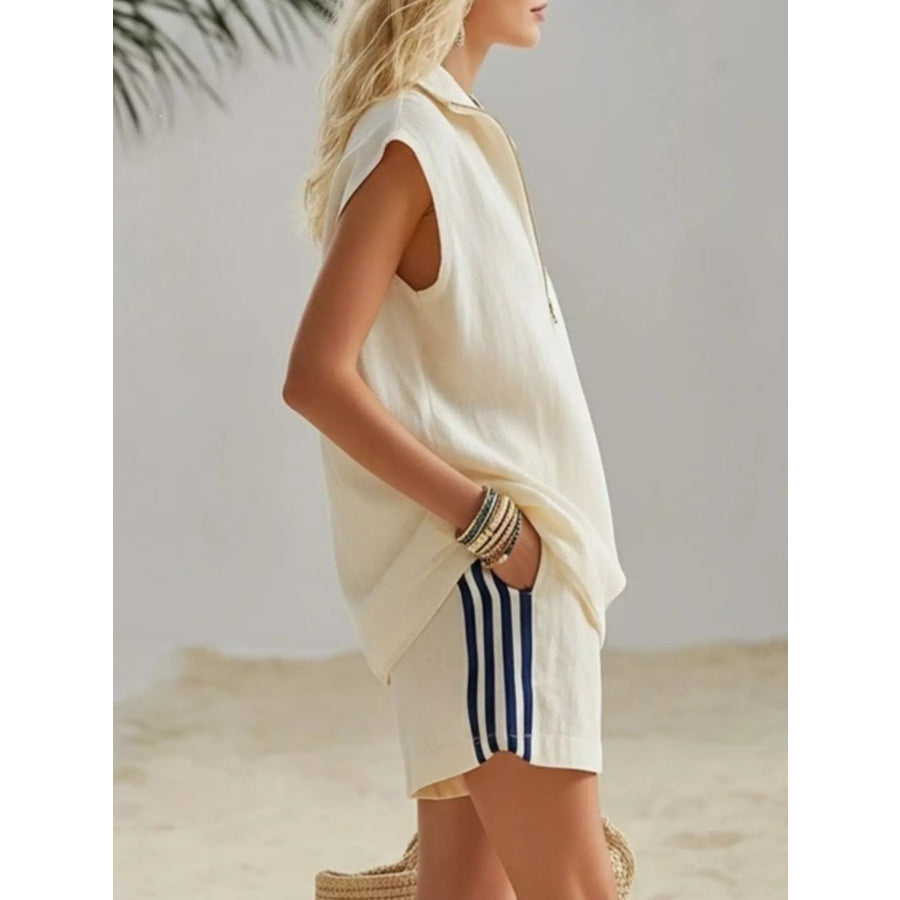 Full Size Zip Front Sleeveless Top and Striped Shorts Set Plus Size Apparel and Accessories