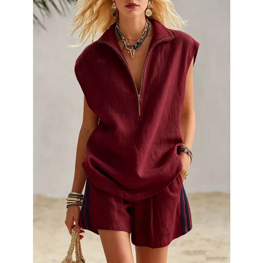 Full Size Zip Front Sleeveless Top and Striped Shorts Set Plus Size Burgundy / S Apparel and Accessories