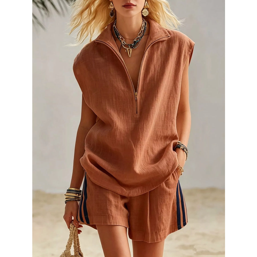 Full Size Zip Front Sleeveless Top and Striped Shorts Set Plus Size Dark Brown / S Apparel and Accessories