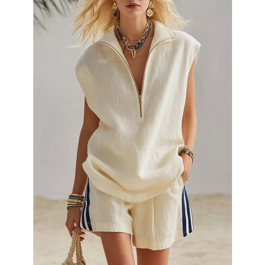 Full Size Zip Front Sleeveless Top and Striped Shorts Set Plus Size Off-white / S Apparel and Accessories