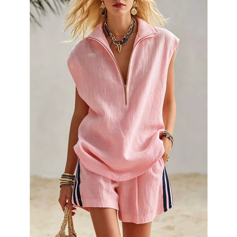 Full Size Zip Front Sleeveless Top and Striped Shorts Set Plus Size Pink / S Apparel and Accessories