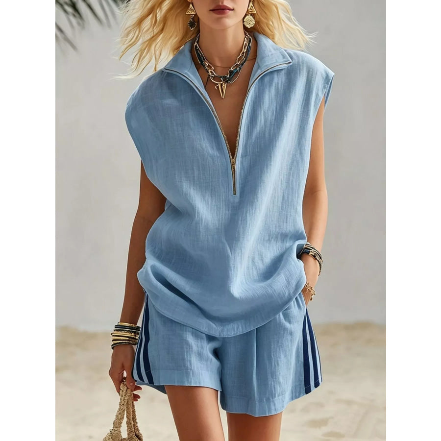 Full Size Zip Front Sleeveless Top and Striped Shorts Set Plus Size Sky Blue / S Apparel and Accessories