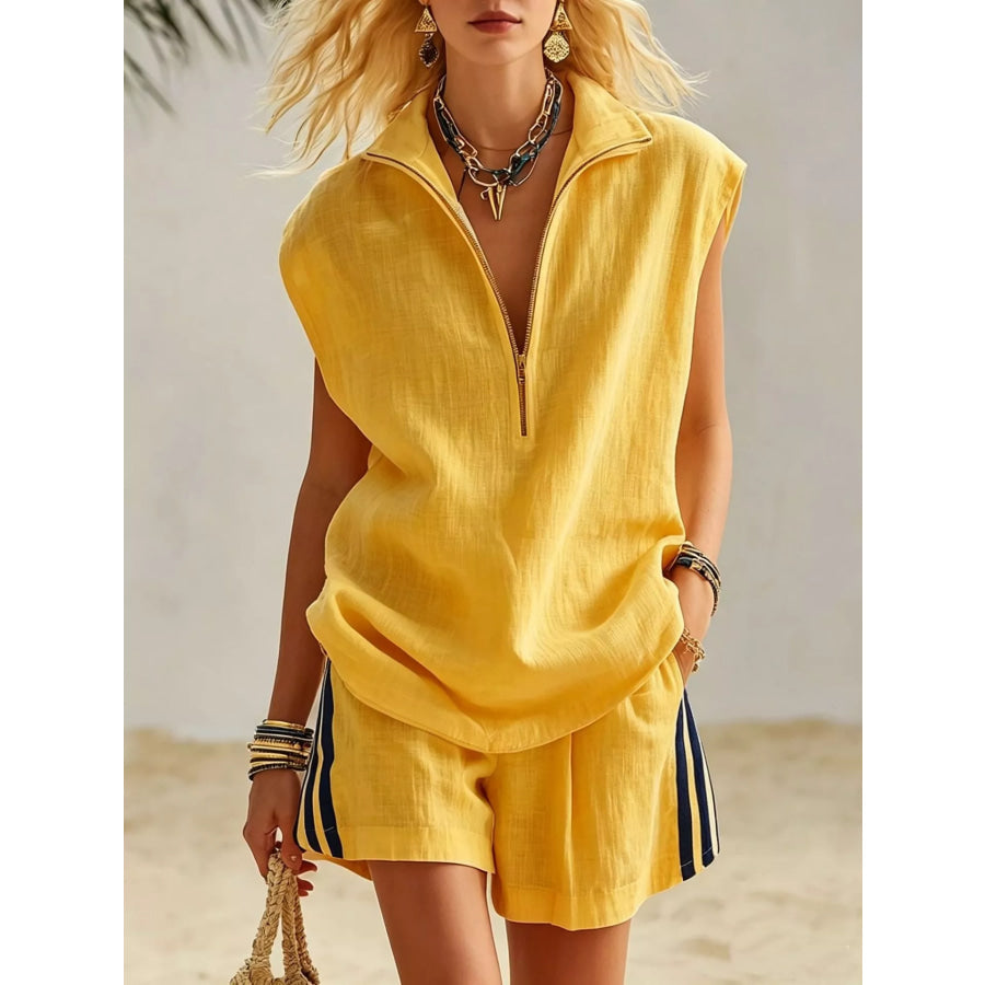 Full Size Zip Front Sleeveless Top and Striped Shorts Set Plus Size Yellow / S Apparel and Accessories