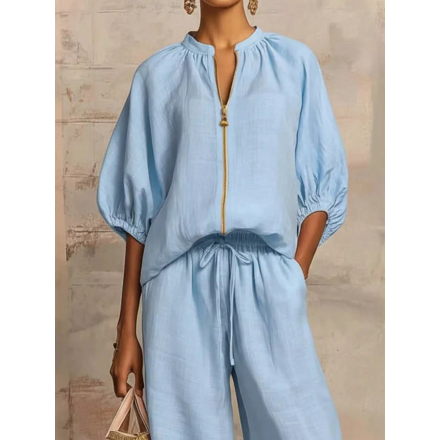 Full Size Zip-Front Top and Wide-Leg Pants Set Plus Apparel Accessories