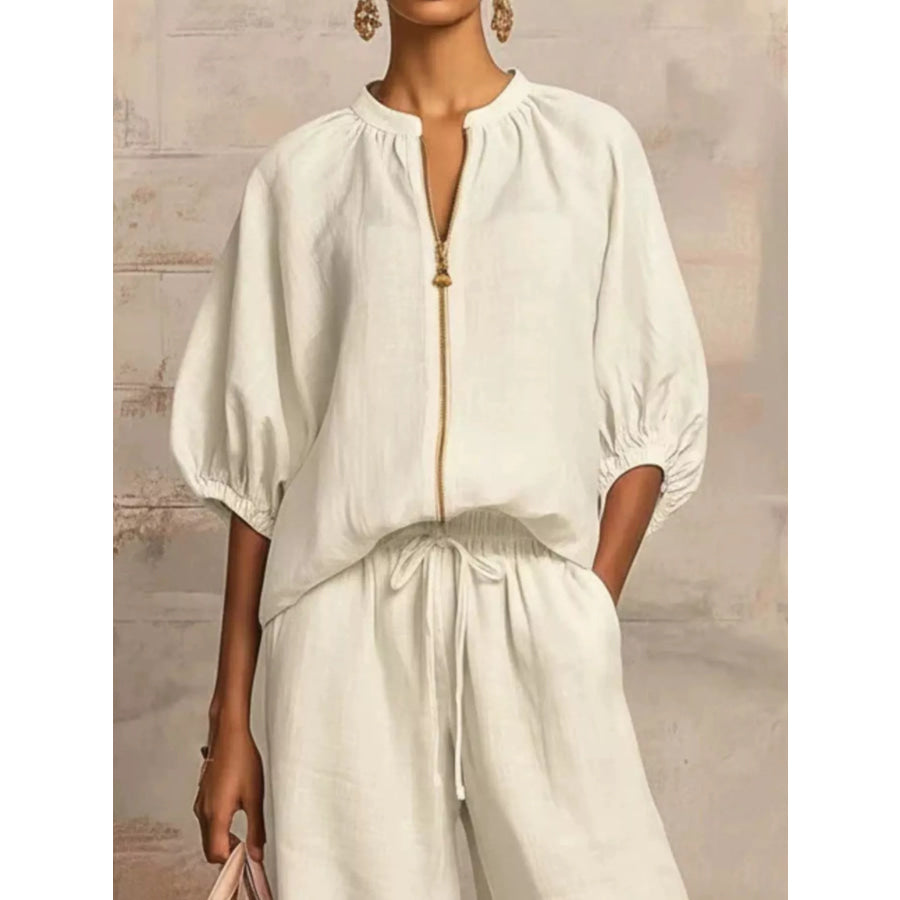 Full Size Zip-Front Top and Wide-Leg Pants Set Plus Apricot / S Apparel Accessories