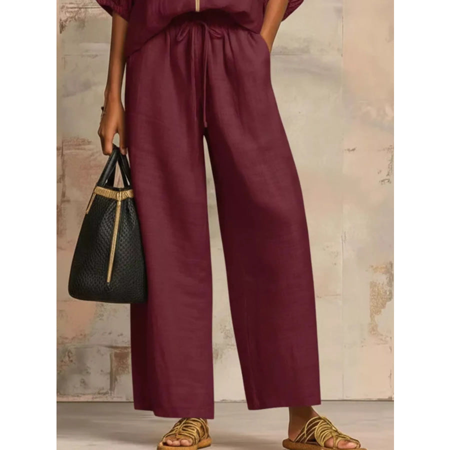 Full Size Zip-Front Top and Wide-Leg Pants Set Plus Apparel Accessories