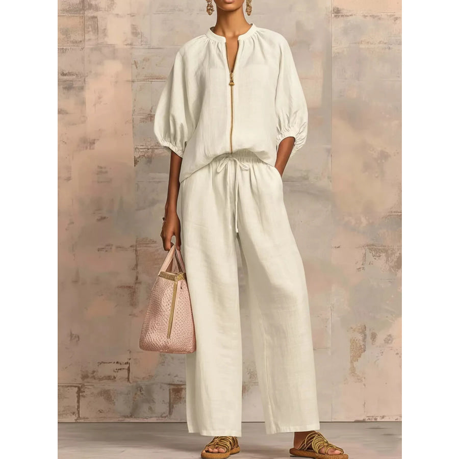 Full Size Zip-Front Top and Wide-Leg Pants Set Plus Apricot / S Apparel Accessories