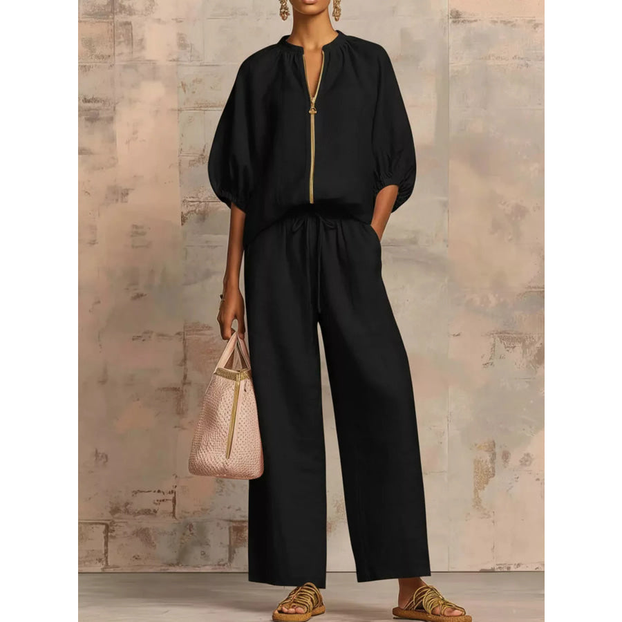 Full Size Zip-Front Top and Wide-Leg Pants Set Plus Black / S Apparel Accessories