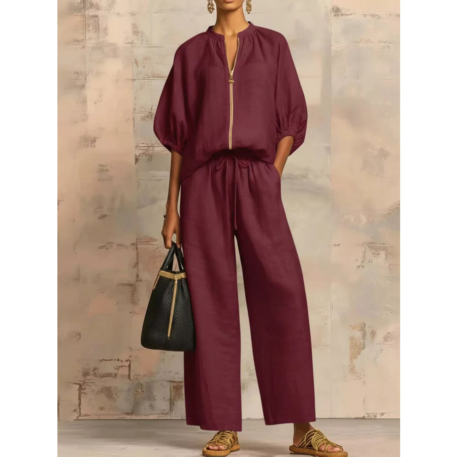 Full Size Zip-Front Top and Wide-Leg Pants Set Plus Burgundy / S Apparel Accessories