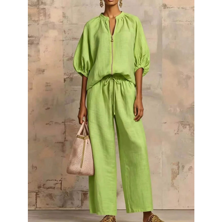 Full Size Zip-Front Top and Wide-Leg Pants Set Plus Green / S Apparel Accessories