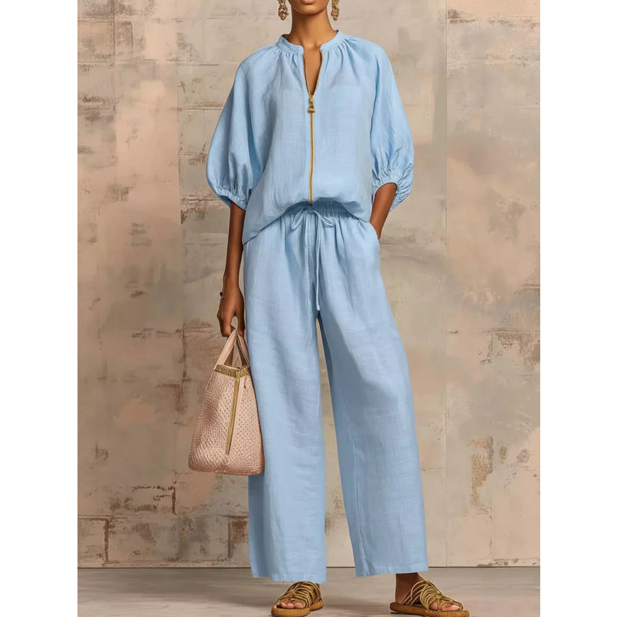 Full Size Zip-Front Top and Wide-Leg Pants Set Plus Light Blue / S Apparel Accessories