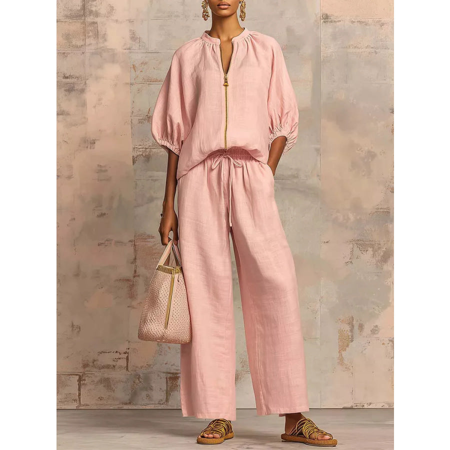 Full Size Zip-Front Top and Wide-Leg Pants Set Plus Pink / S Apparel Accessories