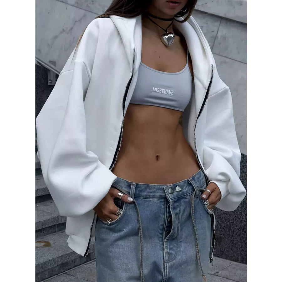 Full Size Zip-Up Drop Shoulder Hoodie Plus White-Zip-Up / S Apparel and Accessories