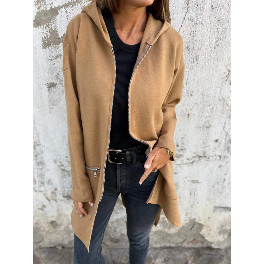 Full Size Zip Up Drop Shoulder Longline Hooded Jacket Apparel and Accessories