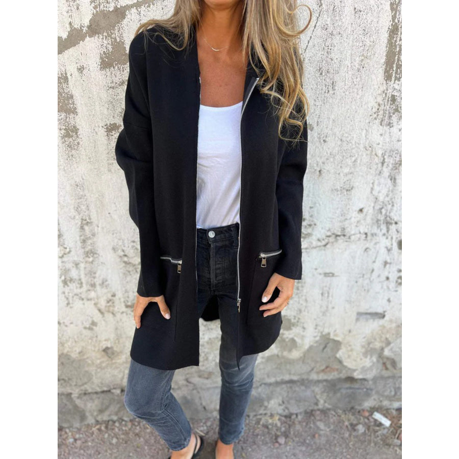 Full Size Zip Up Drop Shoulder Longline Hooded Jacket Black / S Apparel and Accessories