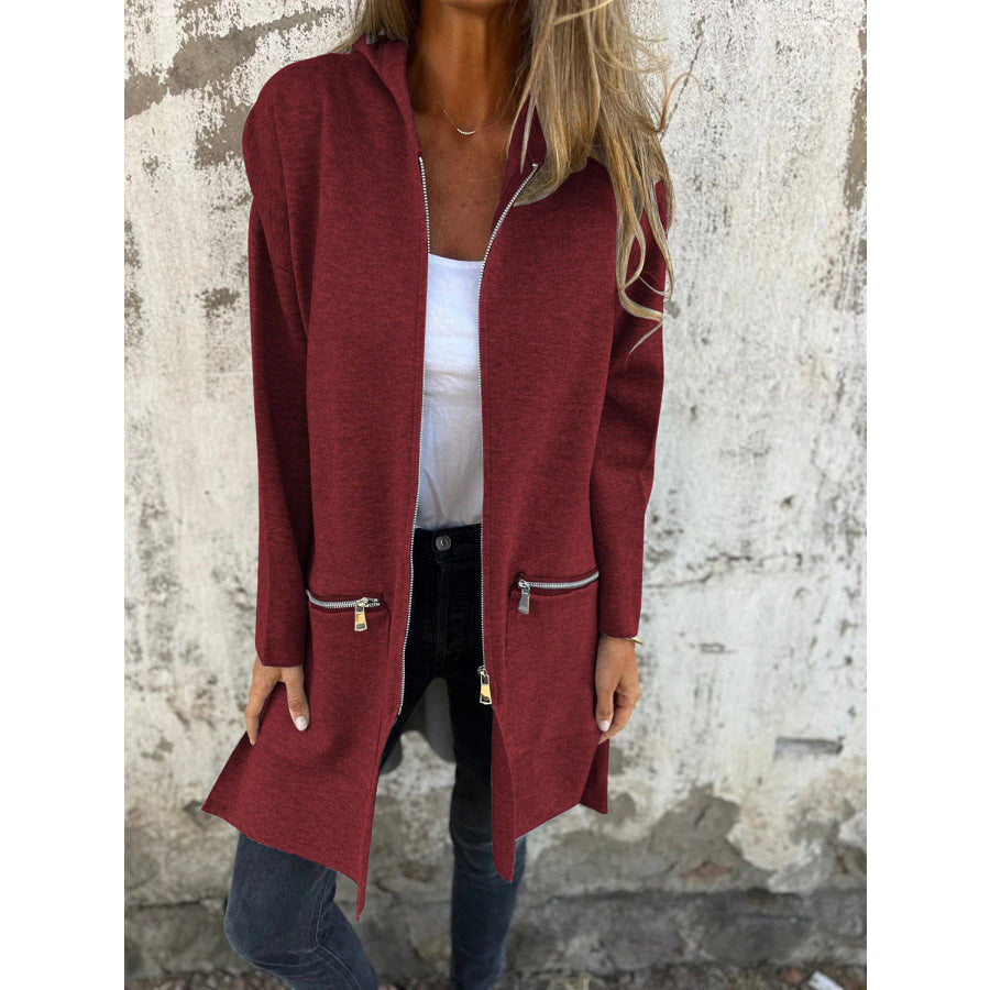 Full Size Zip Up Drop Shoulder Longline Hooded Jacket Burgundy / S Apparel and Accessories