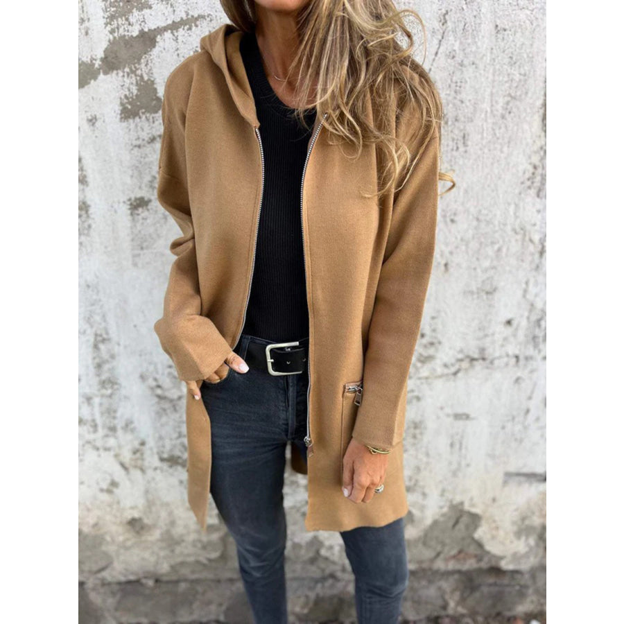 Full Size Zip Up Drop Shoulder Longline Hooded Jacket Camel / S Apparel and Accessories