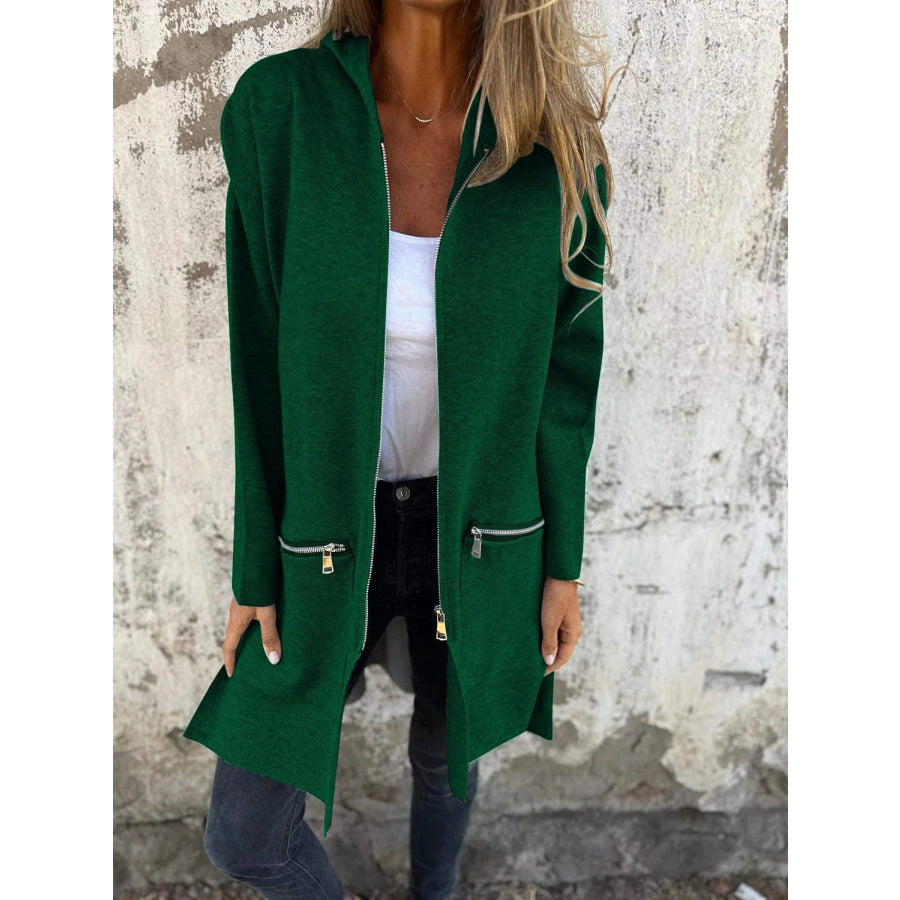 Full Size Zip Up Drop Shoulder Longline Hooded Jacket Dark Green / S Apparel and Accessories