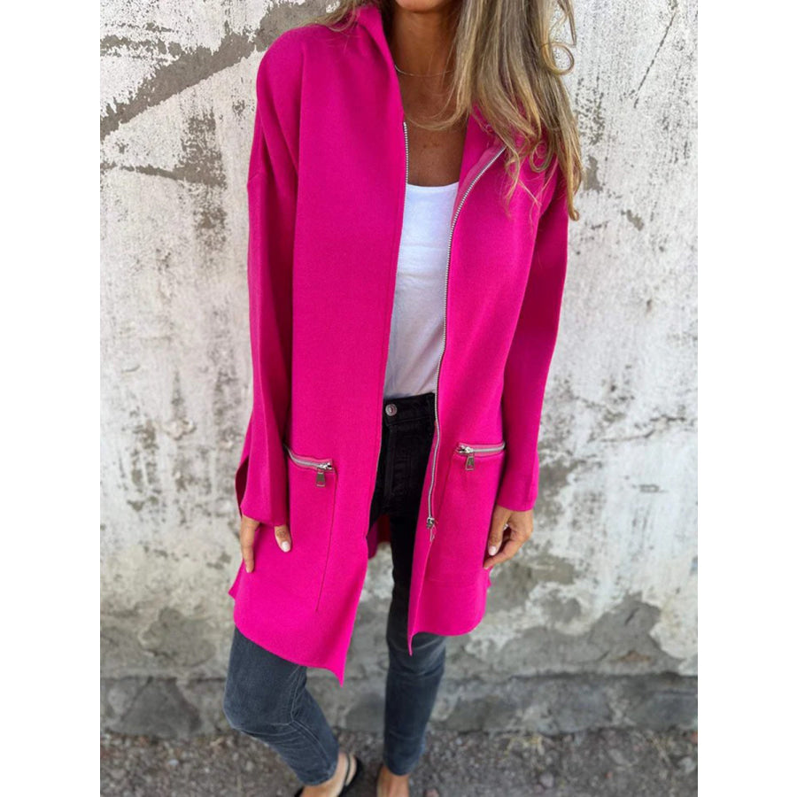 Full Size Zip Up Drop Shoulder Longline Hooded Jacket Hot Pink / S Apparel and Accessories