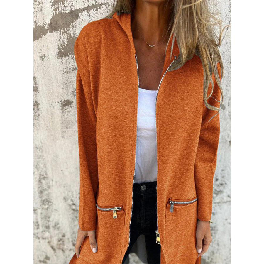 Full Size Zip Up Drop Shoulder Longline Hooded Jacket Ochre / S Apparel and Accessories