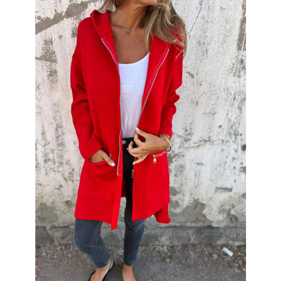 Full Size Zip Up Drop Shoulder Longline Hooded Jacket Red / S Apparel and Accessories