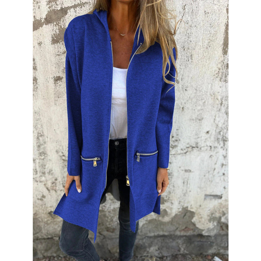 Full Size Zip Up Drop Shoulder Longline Hooded Jacket Royal Blue / S Apparel and Accessories