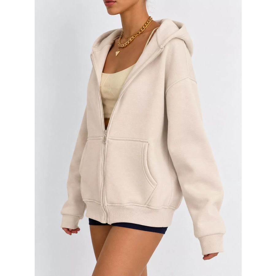 Full Size Zip-Up Dropped Shoulder Hoodie Plus Apparel and Accessories