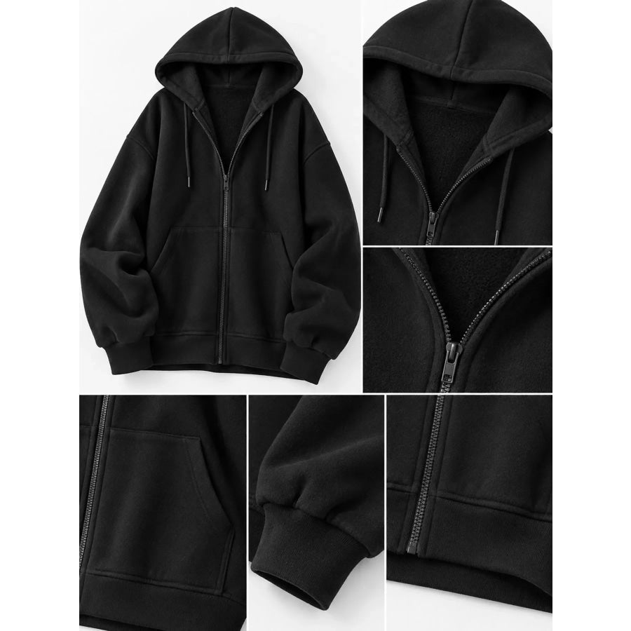 Full Size Zip-Up Dropped Shoulder Hoodie Plus Apparel and Accessories