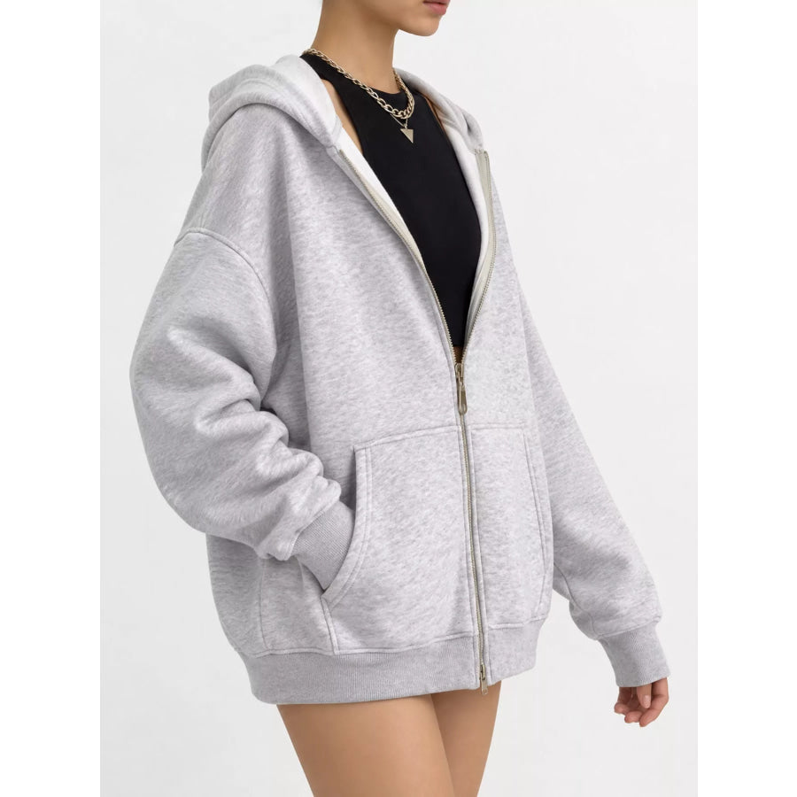 Full Size Zip-Up Dropped Shoulder Hoodie Plus Apparel and Accessories