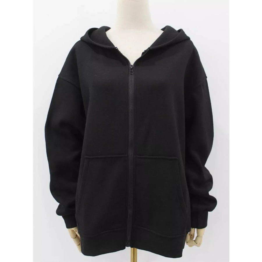 Full Size Zip-Up Dropped Shoulder Hoodie Plus Apparel and Accessories